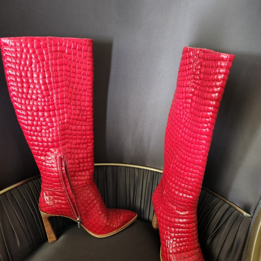 Red embossed allegator skin knee high boots